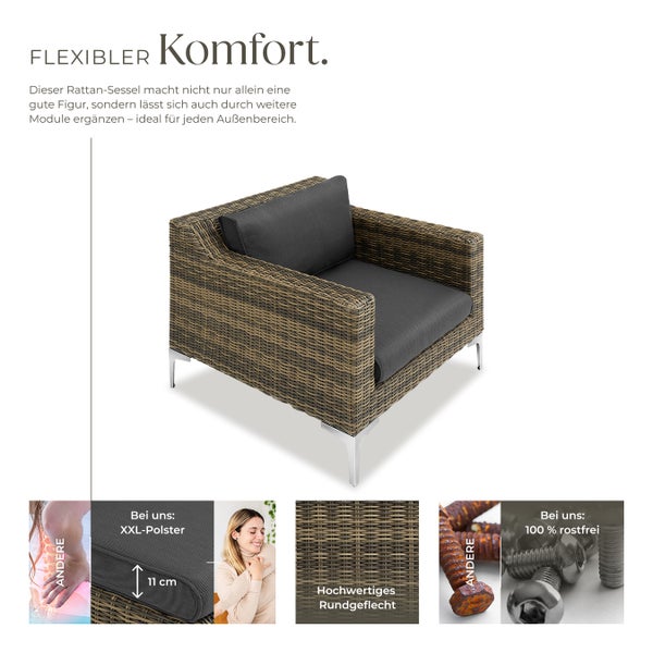 Modulares Rattanset tectake Villanova 85 x 89 x 72 cm Sessel mit Aluminiumgestell anthrazit-meliert