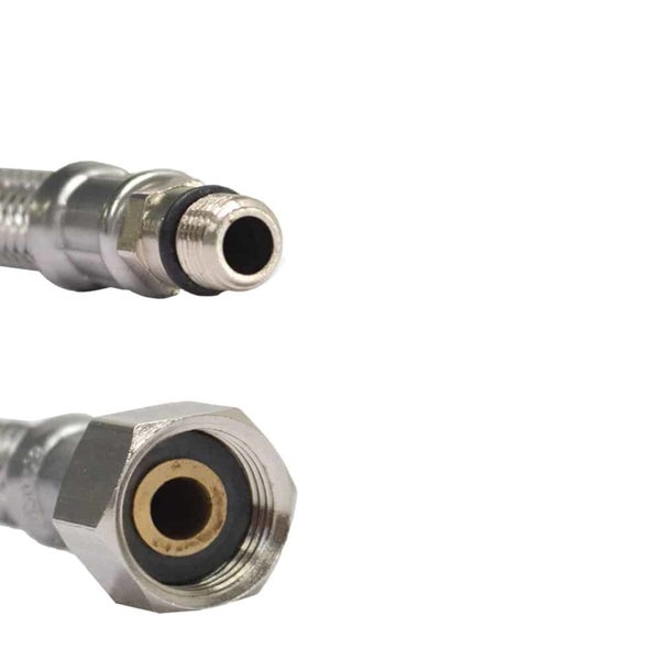 Flexibler Anschlussschlauch aus Edelstahlgeflecht mit Außengewinde inklusive O-Ring und Überwurfmutter.