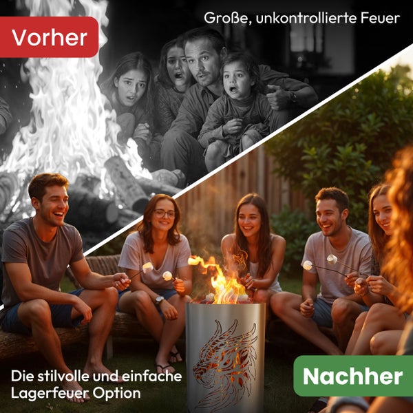 Vorher und Nachher: Eine Familie erschrocken vor einem unkontrollierten Feuer und eine Gruppe Freunde, die Marshmallows über einem stilvollen Lagerfeuer in einer Feuerschale rösten
