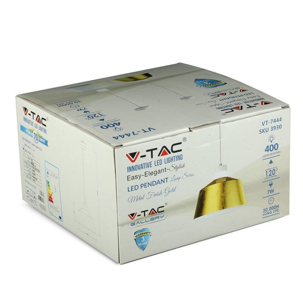 Verpackung einer V-TAC LED-Pendelleuchte, Modell VT-7444, SKU 3930, mit 400 Lumen Helligkeit und einer Lebensdauer von 30000 Stunden. Das Produkt hat eine dreijährige Garantie.