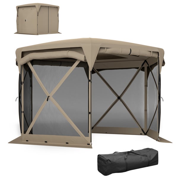 Outsunny Pavillon sechseckig ca. 3,5x3m Pop-up Faltpavillon mit abnehmbaren Dach UV 30+ Faltbar Wasserdicht Partyzelt Gartenzelt mit 5 Seitenteilen Gartenpavillon für Camping Garten Festival, Khaki