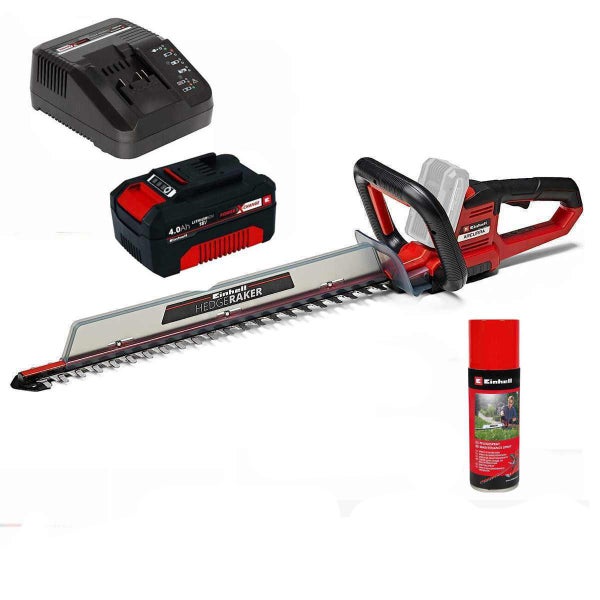 Einhell Akku-Heckenschere Set mit 18 Volt 4,0 Amperestunden Akku, Ladegerät und Pflegespray.