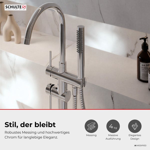 Freistehende Wannenarmatur von Schulte aus Messing mit Handbrause in einem Badezimmer. Enthält Symbole für Messing, 4 Kilogramm und elegantes Design.