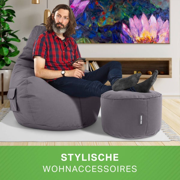 Green Bean 2er Set Sitzsack + Hocker - fertig befüllt - robust waschbar schmutzabweisend - Kinder & Erwachsene Bean Bag Bodenkissen Lounge Sitzhocker Relax-Sessel Gamer Gamingstuhl Pouf - Anthrazit