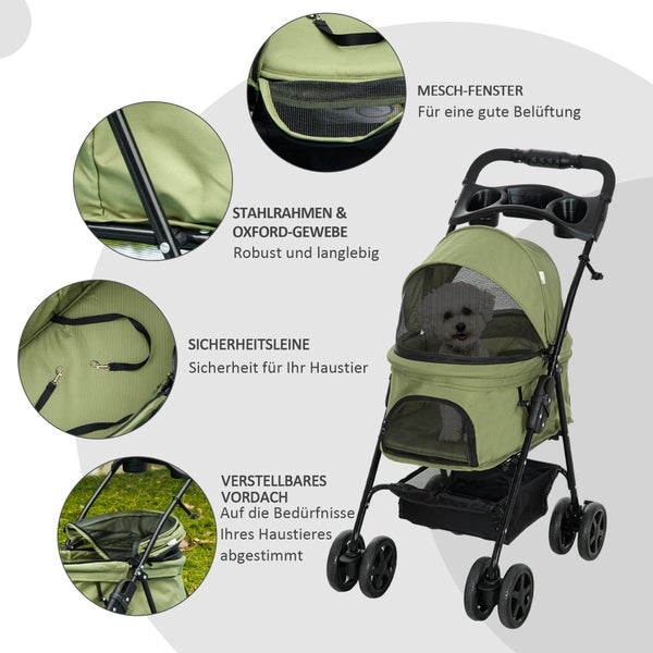 PawHut Hundewagen Hundebuggy mit Klappfunktion Pet Stroller für kleine Hunde und Katzen Haustierwagen Katzenbuggy Oxford Dunkelgrün 67 x 45 x 96 cm