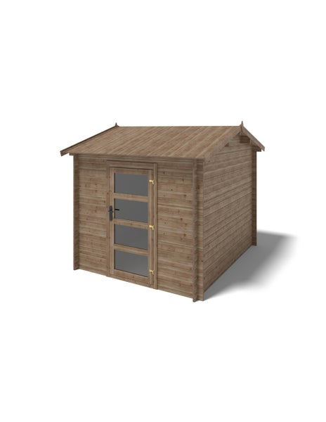 Gartenhaus aus Holz mit Einzeltür, Glaseinsätzen und Satteldach.