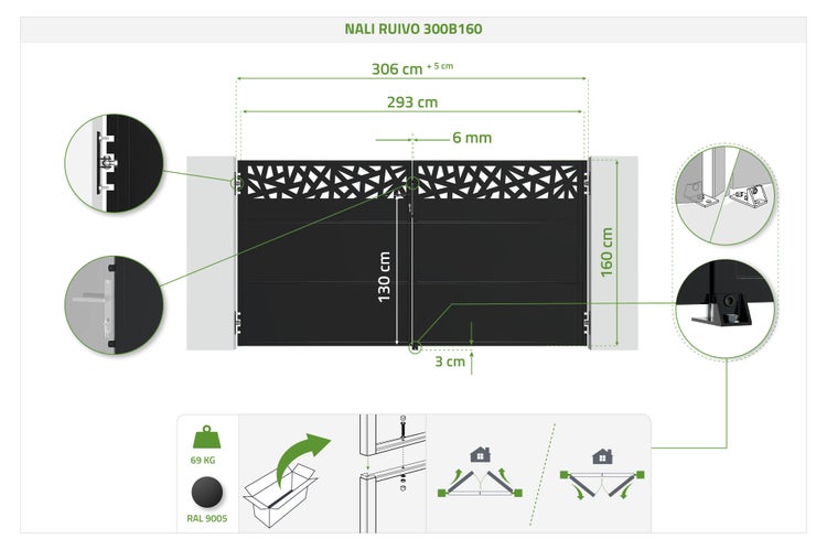 Doppelflügeltor NALI RUIVO 300B160, Maße 306 mal 160 Zentimeter, RAL 9005, Gewicht 69 Kilogramm, mit dekorativem Muster im oberen Bereich.