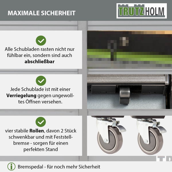 Maximale Sicherheit dank abschließbarer Schubladen, Verriegelung und Rollen mit Feststellbremse.