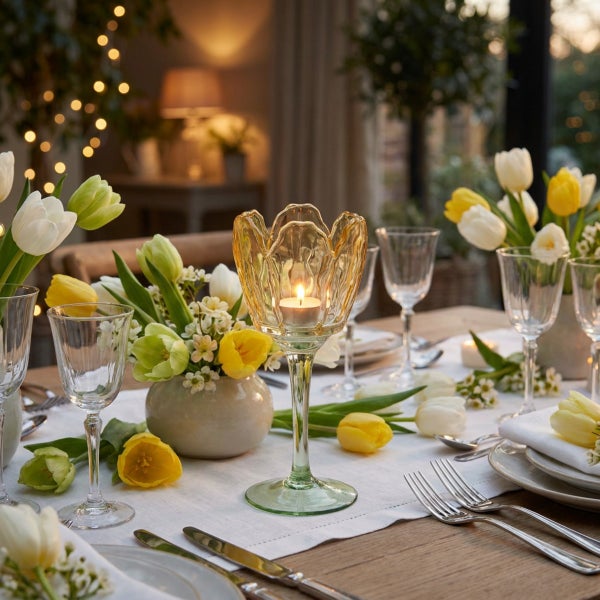 Ein festlich gedeckter Esstisch mit einem tulpenförmigen Kerzenhalter aus Glas, weißen und gelben Tulpensträußen und elegantem Besteck.