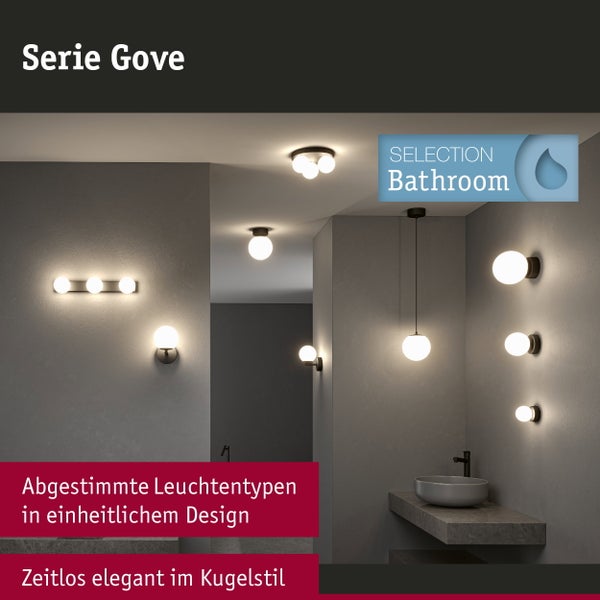 Badezimmerbeleuchtung der Serie Gove im Kugelstil mit Wandleuchten, Deckenleuchte und Pendelleuchte in einer modernen Badezimmerumgebung.