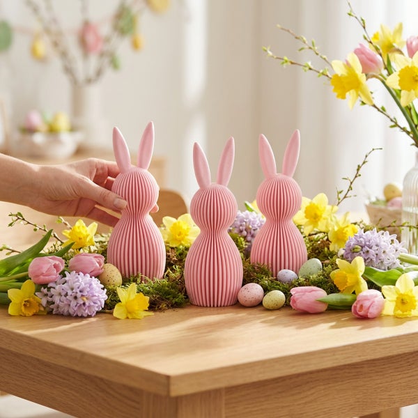 Drei gerippte Osterhasen-Dekofiguren auf einem Holztisch, arrangiert mit Frühlingsblumen wie Narzissen, Tulpen und Hyazinthen sowie Ostereiern.