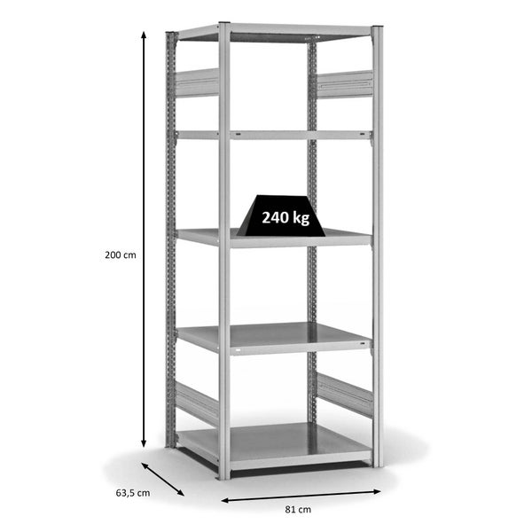PROREGAL Fachbodenregal Stecksystem T-Profil Medium-Duty Grundregal HxBxT 200 x 75 x 60 cm 5 Ebenen Fachlast 240 kg Beidseitig Nutzbar Verzinkt