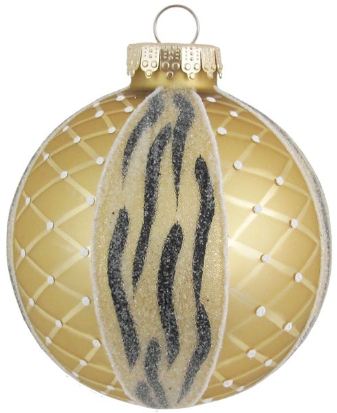 Gold matt 8cm Glaskugel mit Zebramuster handdekoriert (1 Stück), 1 Stck., Weihnachtsbaumkugeln, Christbaumschmuck, Weihnachtsbaumanhänger