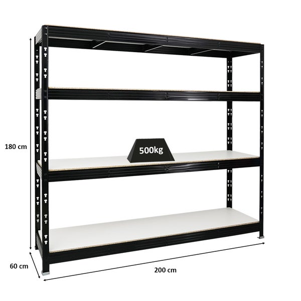 PROREGAL Profi Schwerlastregal Rhino HxBxT 180 x 200 x 60 cm 4 Melamin-Ebenen 16mm Fachlast 500 kg Schwarz