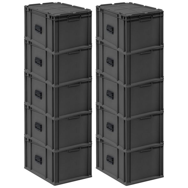 Zwei Stapel grauer Lagerboxen mit Deckel.