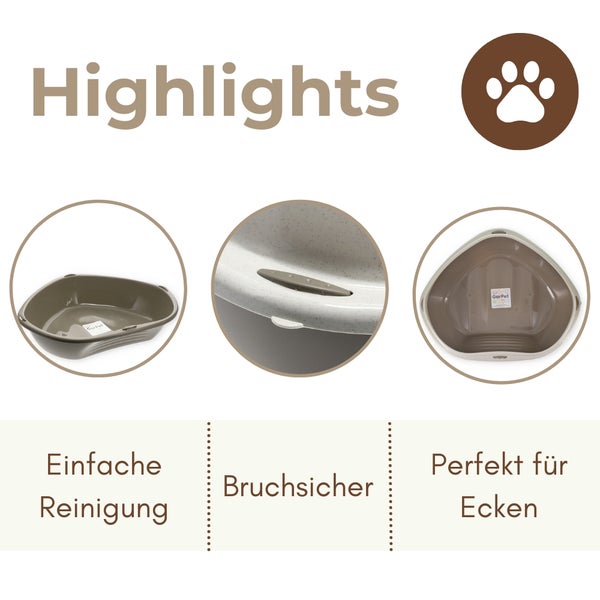 Highlights der GarPet Eck-Kleintiertoilette: einfache Reinigung, bruchsicher und perfekt für Ecken.