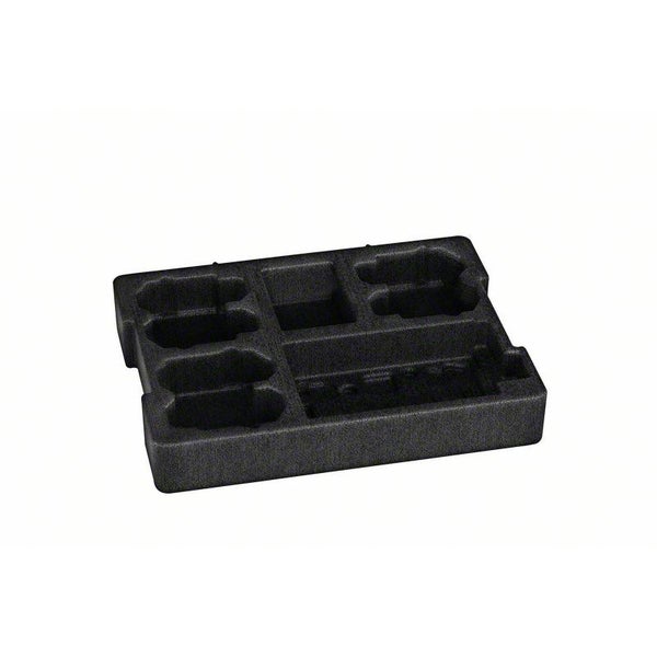 Schwarze Schaumstoffeinlage für Werkzeugkoffer mit passgenauen Aussparungen für Werkzeuge und Zubehör.