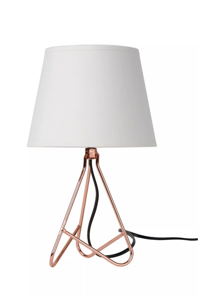 Tischleuchte mit weißem Schirm und roségoldenem Gestell
