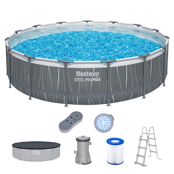 Bestway Steel Pro Max runder Aufstellpool mit Stahlrahmen, Filterpumpe, Leiter, Abdeckplane, Filterkartusche und LED-Licht mit Fernbedienung.