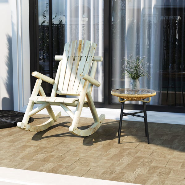 Outsunny Schaukelstuhl aus Holz Schaukelsessel mit hoher Rückenlehne wetterfest Gartenstuhl bis 113kg belastbar Relaxstuhl für Wohnzimmer Garten, Rasen, Balkon Natur
