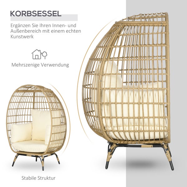 Outsunny Rattansessel in Korbform, Rattanstuhl mit Sitzkissen, 105 x 90 x 148 cm, Metall, Khaki