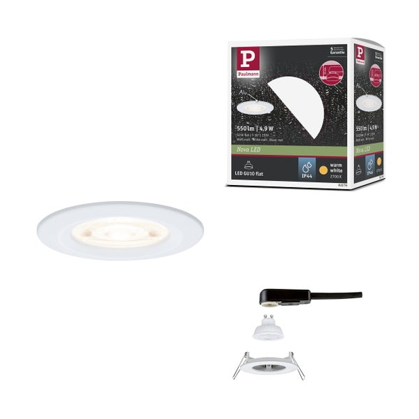 Paulmann Nova LED Einbaustrahler aus Aluminium inklusive GU10 Leuchtmittel, Anschlusskabel und Montageelementen, Schutzart IP44, mit Verpackung.