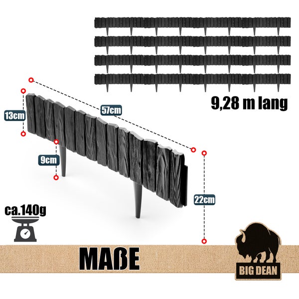 Abmessungen des Big Dean Beetzauns mit einer Laenge von 9,28 Meter und einem Gewicht von circa 140 Gramm. Big Dean Logo.
