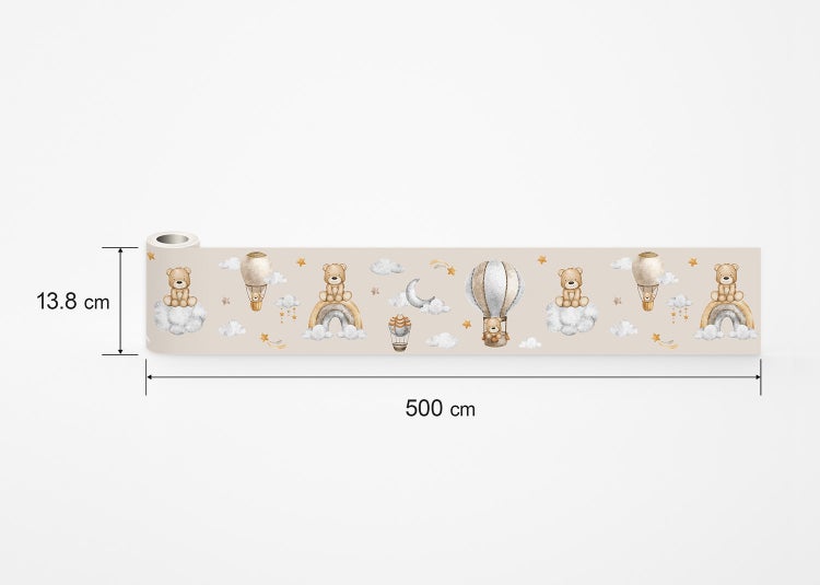 Tapetenbordüre für Kinderzimmer mit Teddybären, Heißluftballons und Regenbögen. Maße: 13,8 Zentimeter hoch und 500 Zentimeter lang.