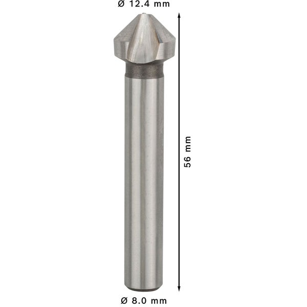 Metallischer Kegelbohrer mit den Maßen 12,4 mm Durchmesser oben, 8 mm Durchmesser unten und 56 mm Länge.
