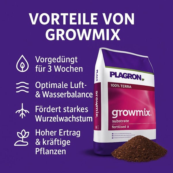 Plagron Growmix Substrat mit Vorteilen: 3 Wochen vorgedüngt, optimale Luft- und Wasserbalance, starkes Wurzelwachstum, hoher Ertrag.