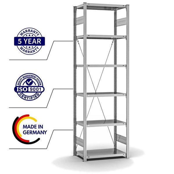 PROREGAL Fachbodenregal Stecksystem T-Profil Light-Duty Grundregal HxBxT 250 x 75 x 40 cm 6 Ebenen Fachlast 145 kg Einseitig Nutzbar Verzinkt