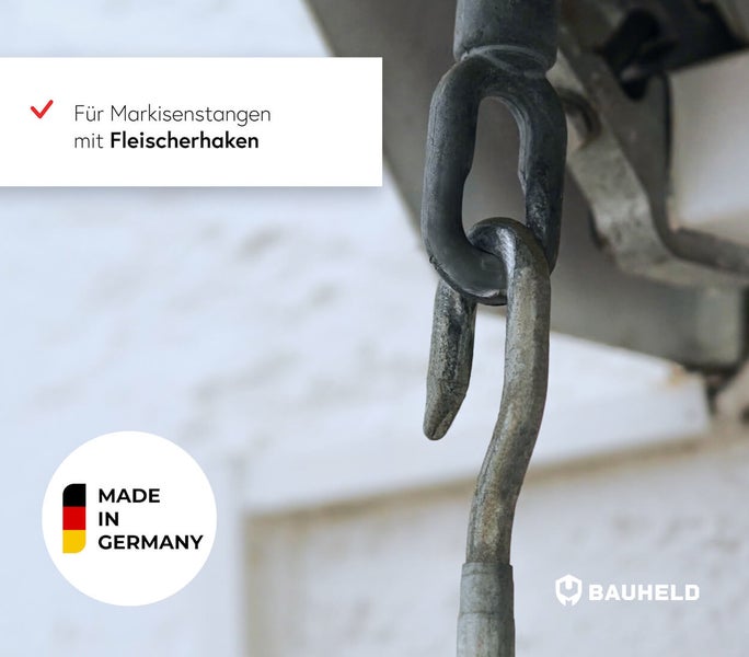 Fleischerhaken für Markisenstangen, hergestellt in Deutschland, Bauheld Logo