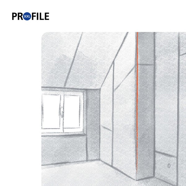 Profile XXL Logo und Skizze eines Raumes mit Fenster, die die Anwendung eines Wandprofils an einer vertikal markierten Ecke zeigt.