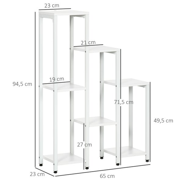 Weißes Pflanzregal mit 5 Ebenen und Maßangaben, Höhe 94,5 Zentimeter, Breite 65 Zentimeter, Tiefe 23 Zentimeter.