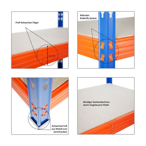 PROREGAL Mega Deal 4x Profi Schwerlastregal Rhino HxBxT 180 x 200 x 60 cm 5 Spanplatten-Ebenen 8mm Fachlast 500 kg Blau/Orange
