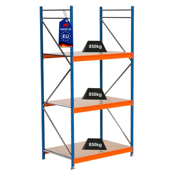 Lagerregal mit drei Ebenen, Traglast 850 Kilogramm und Hergestellt in EU Siegel