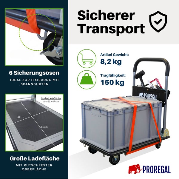 ProRegal Plattformwagen mit Ladefläche 61 mal 47 Zentimeter, Tragfähigkeit 150 Kilogramm, Gewicht 8,2 Kilogramm, Sicherungsösen und ProRegal Logo.