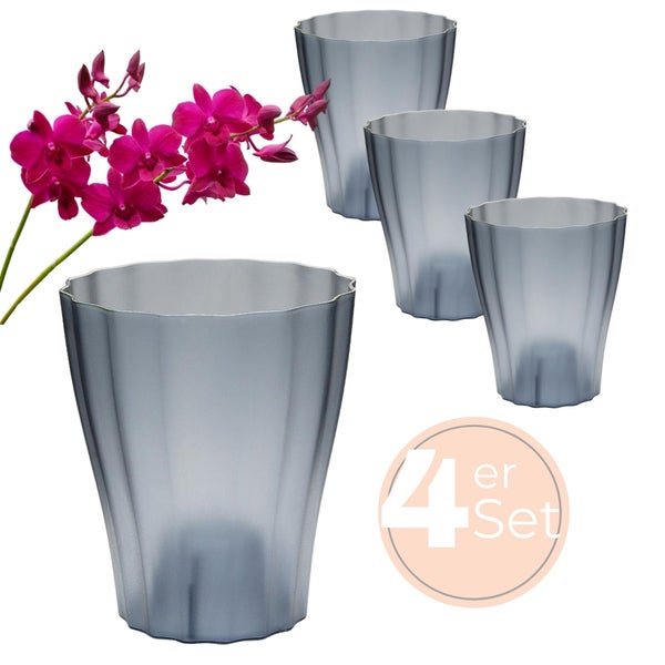 Vierer Set Pflanzgefäße aus Kunststoff mit wellenförmigem Rand und einer Orchidee