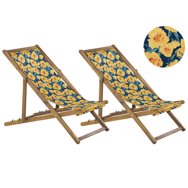 Set mit 2 klappbaren Liegestühlen ANZIO mit Ersatzstoffen Blumenmuster Akazienholz Hellbraun