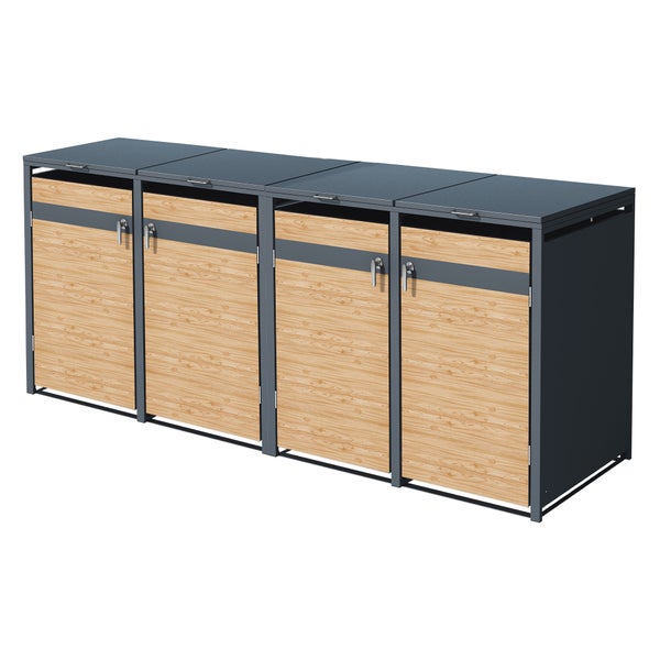 ML-Design Mülltonnenbox 4er 4 Tonnen 240L 264x80x116,3cm Anthrazit-Lärchenoptik Stahl, wetterfest/abschließbar Mülltonnenverkleidung Klappdeckel/4 Türen, Müllbox Mülltonnecontainer Mülltonnenabdeckung