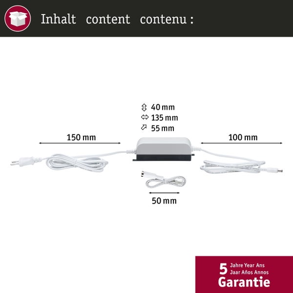 LED-Treiber mit Abmessungen 135 mal 40 mal 55 Millimeter, Kabellängen 150, 100 und 50 Millimeter, inklusive 5 Jahre Garantie.