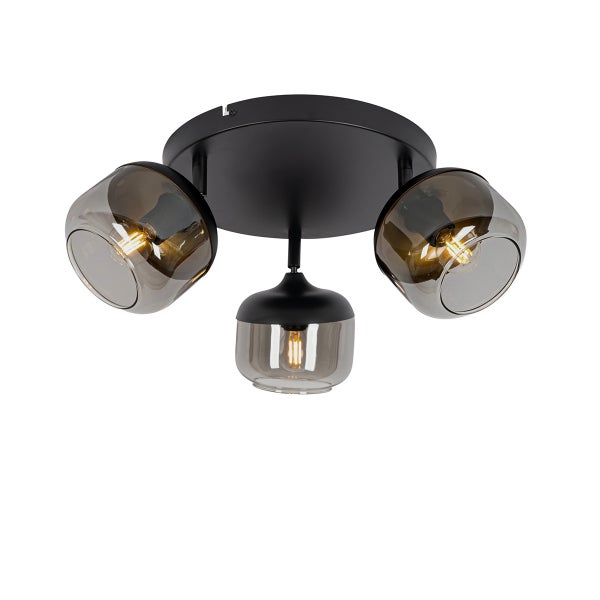 Dreiflammige Deckenleuchte mit schwarzer Metallbasis und Rauchglasschirmen mit sichtbaren Filament-Leuchtmitteln.