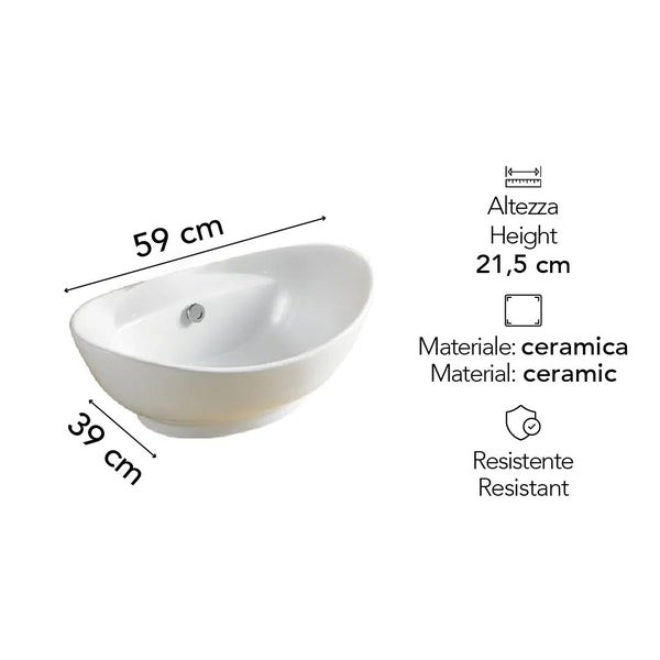 Ovaler Aufsatzwaschtisch aus Keramik mit den Maßen 59 mal 39 mal 21,5 Zentimeter, widerstandsfähig.