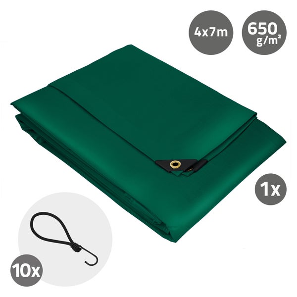 ECD Germany Premium Abdeckplane Gewebeplane mit Ösen, 4x7m 28m², 650g/m², Grün, PVC, Wasserdicht, Reißfest, 10 Haken, LKW-Plane Bootsplane Gartenplane Holzplane, Schutzplane für Gartenmöbel Pool Auto