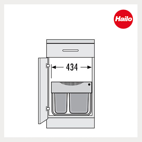 Technische Zeichnung eines Hailo Abfalltrennsystems in einem Küchenschrank mit zwei Eimern und einer Innenbreite von 434 Millimetern.