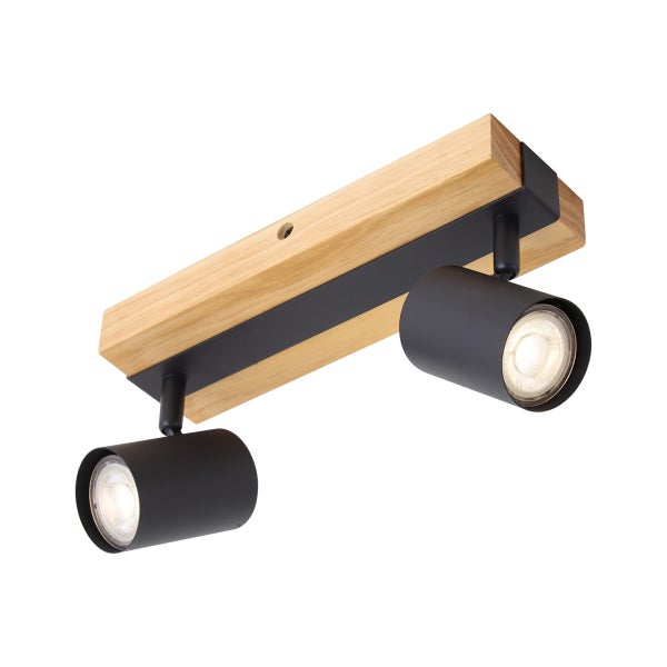Zweiflammige Deckenleuchte mit Holzleiste und zwei verstellbaren Strahlern in minimalistischem Design für die Innenbeleuchtung.
