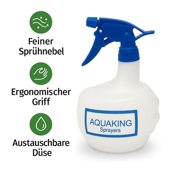 Aquaking Sprühflasche in Weiß und Blau mit ergonomischem Griff, feinem Sprühnebel und austauschbarer Düse.