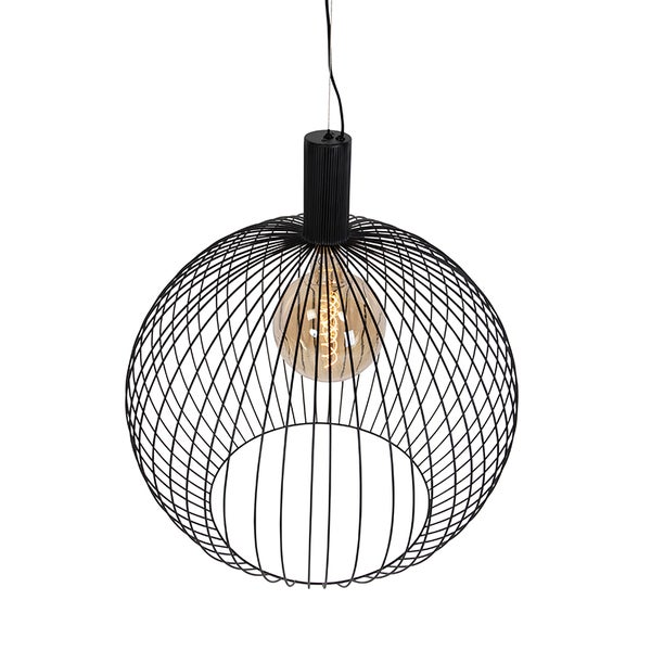 Hängelampe mit schwarzem Drahtgestell und Glühbirne