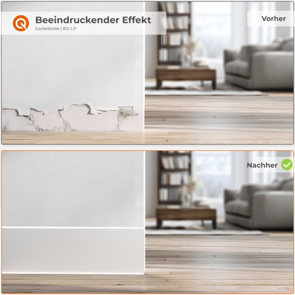 Vorher-nachher-Vergleich: beschädigte Wand vs. Wand mit angebrachter Sockelleiste