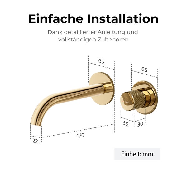 Wandmontierte Waschtischarmatur in Gold mit detaillierten Maßangaben in Millimeter für die einfache Installation.